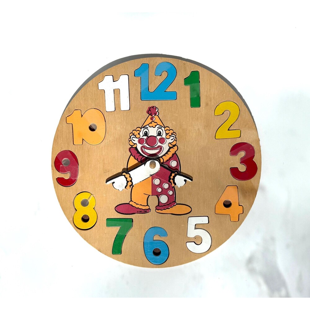 Vintage Wooden Clown Clock Puzzle Toy, 1987 CMI Chadwick-Millie Inc.